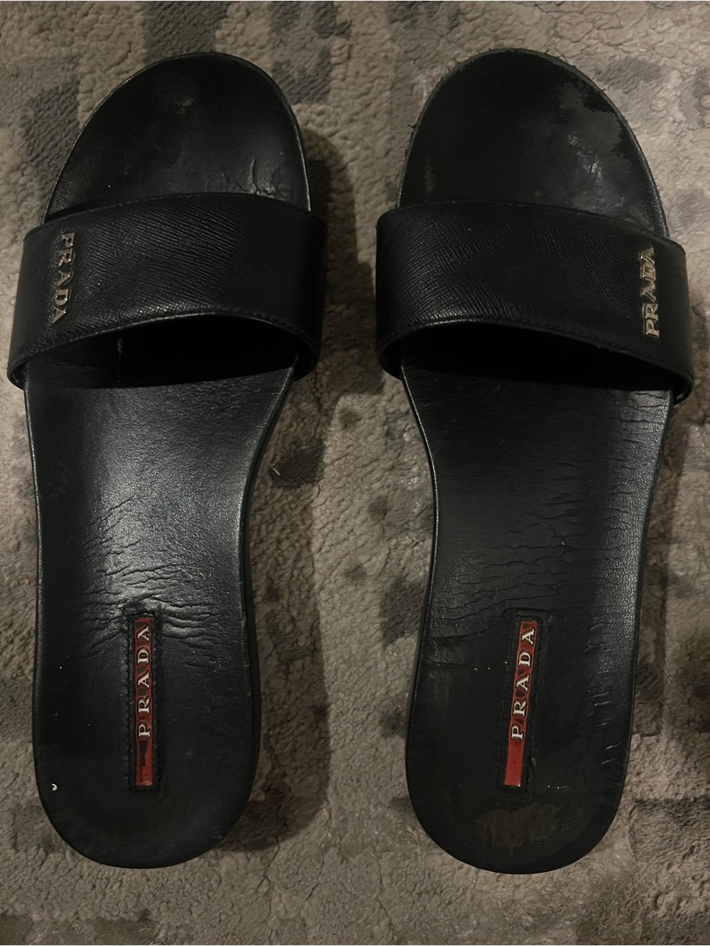 Prada Black Leather Slide Sandals with silver  Logo Accents